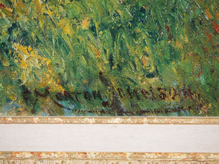 Francis MORTON JOHNSON.  "jeune femme cueillant des fleurs" Huile sur 