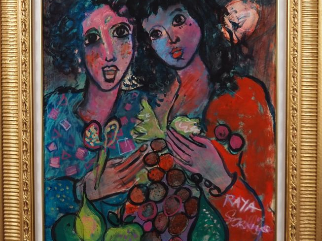 Raya SORKINE.  "Couple à la grappe de raisin" Huile sur carton, signée