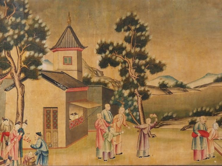École Anglo chinoise, XIXe  China trade painting. Trois huiles sur toi