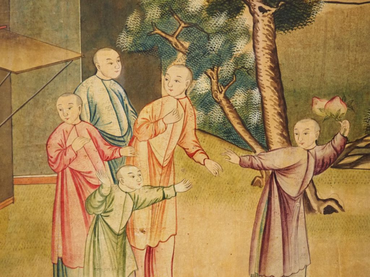 École Anglo chinoise, XIXe  China trade painting. Trois huiles sur toi