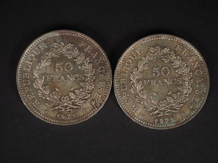 Deux pièces de 50 Francs en argent, 1978. Poids. 60 g