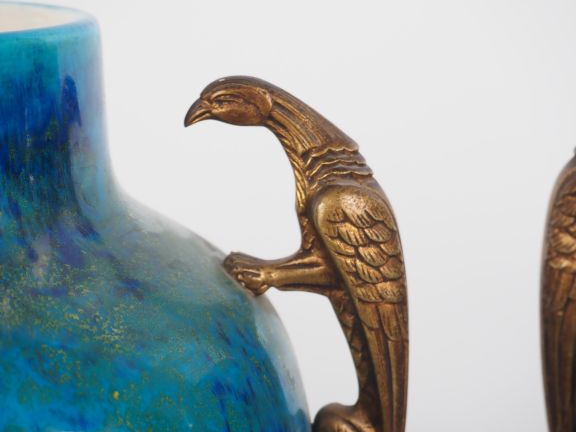 Paul MILET.  Sèvres. Paire de vases montés, en céramique bleu turquois