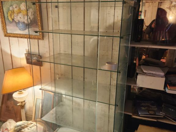 4 vitrines de présention en verre. 1 vitrine en bois et verre de style