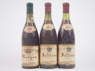 Vente aux enchères 3 BOUTEILLES CAMILLE GIROUD : 1 MORGON 1969 - NIVEAU BAS / 2 JULIENAS 