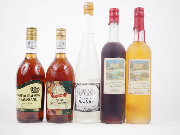 5 BOUTEILLES : 1 EAU DE VIE MIRABELLE / 2 PINEAU DES CHARENTES / 1 GAL