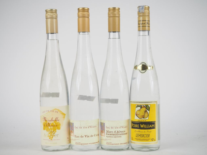 4 BOUTEILLES : 1 MIRABELLE D'ALSACE / 1 EAU DE VIE DE COING/ 1 MARC D'