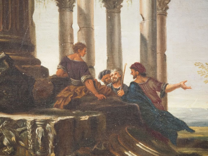 Ecole italienne XVIIIème. "personnages dans des ruines antiques" Huile