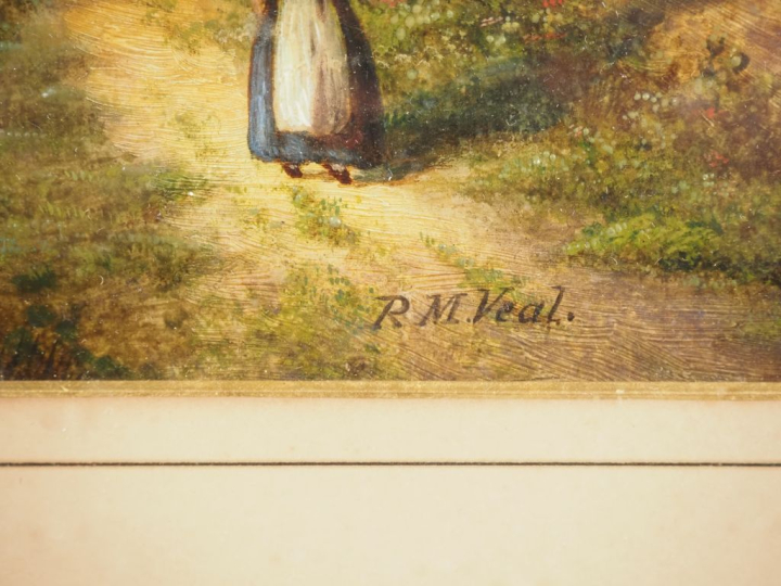 RM. VEAL. Ecole française.  "paysans devant leur chaumière" Huile sur 