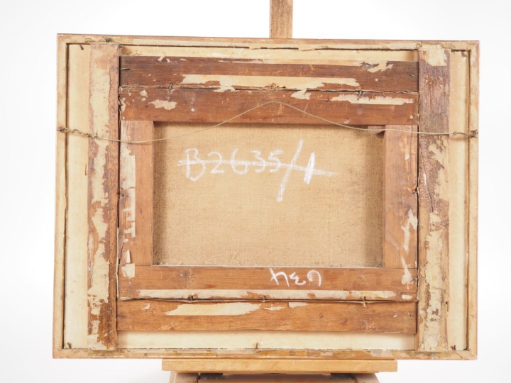 RM. VEAL. Ecole française.  "paysans devant leur chaumière" Huile sur 