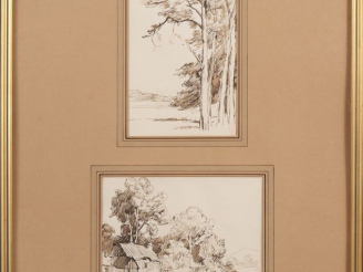 Vente aux enchères Ecole française fin XIXème.  Paire de dessins dans un même encadrement