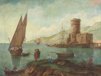 Vente aux enchères Ecole française XIXème.  "marine" Huile sur toile  Dim. 65 x 90 cm  (a