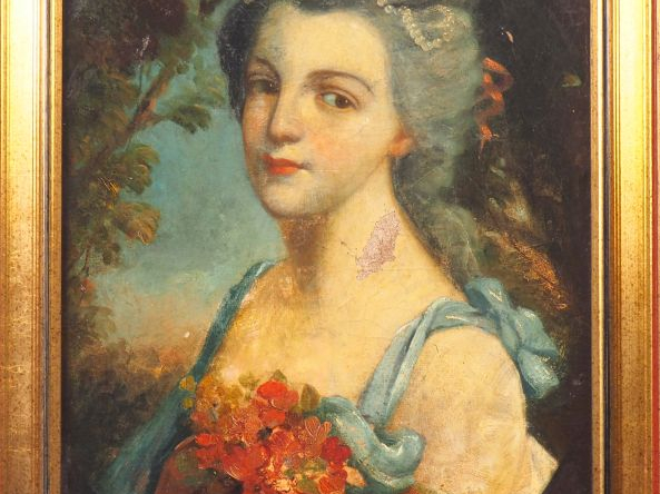 Ecole française fin XIXème.  "portrait d'élégante au bouquet de fleurs