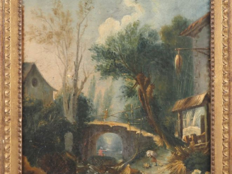 Vente aux enchères Ecole française XIXème.  "paysage animé à  la rivière" Huile sur toile