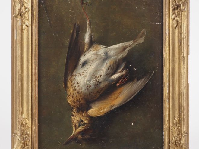 Ecole française XIXème. "Trophée de chasse". Huile sur panneau, signée