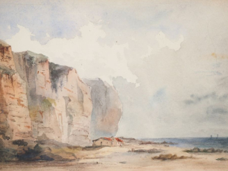 Vente aux enchères Ecole française XIXème.  "Falaises du pays de Caux" Aquarelle monogram