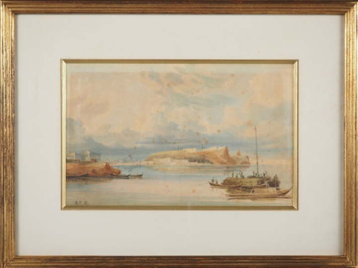 Ecole française XIXème.  "Marine" Paire d'aquarelles, monogrammées en 