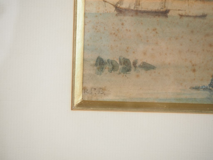 Ecole française XIXème.  "Marine" Paire d'aquarelles, monogrammées en 