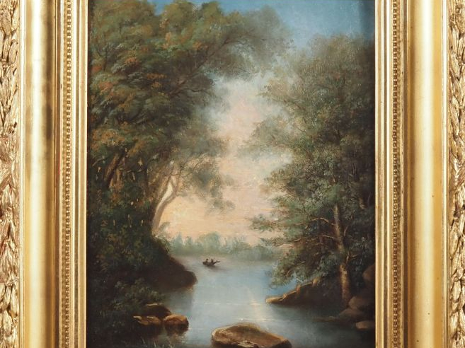 Ecole française fin XIXème.  "paysage lacustre animé" Huile sur carton