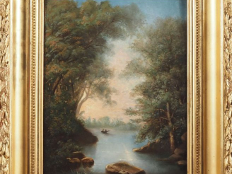 Vente aux enchères Ecole française fin XIXème.  "paysage lacustre animé" Huile sur carton