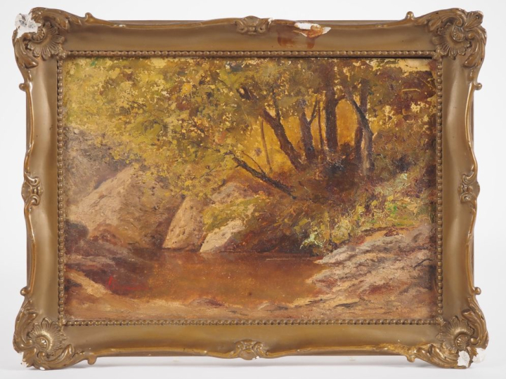 Ecole française. "sous bois" Huile sur carton, signée en bas à gauche 