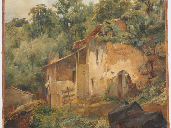 Ecole française  XIXème. "ferme en lisière de forêt" Huile sur papier,