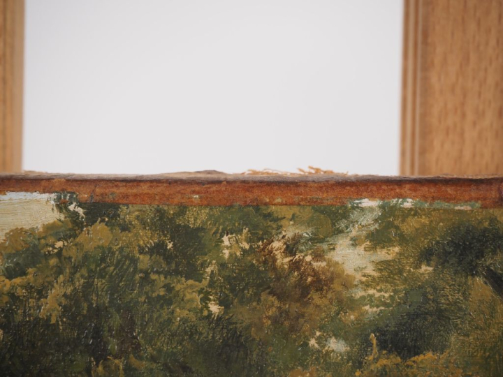 Ecole française  XIXème. "ferme en lisière de forêt" Huile sur papier,