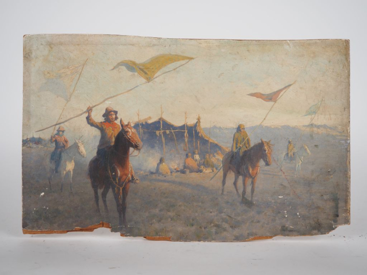 Ecole XXème.  "campement d'indiens patagons" Huile sur panneau Dim. 34