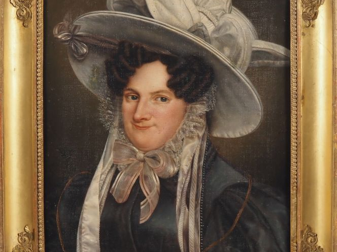 Ecole française XXème.  "portrait d'élégante au chapeau blanc" Huile s