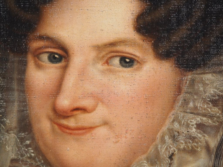 Ecole française XXème.  "portrait d'élégante au chapeau blanc" Huile s