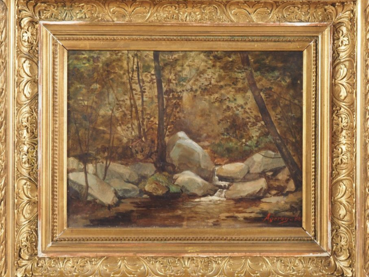 Louis Noël AGERON.  "Cascade" Huile sur toile, signée en bas à droite 