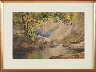 Vente aux enchères Louis AGERON.  "bord de rivière" Aquarelle, signée en bas à droite  Di