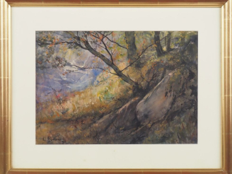 Vente aux enchères Louis Noël AGERON. "Paysage de sous-bois" Aquarelle, signée en bas à g