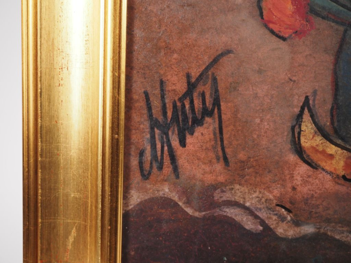 Henry D'ANTY.  "paysan tirant sa brouette" Huile sur papier, signée en