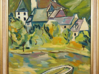 Vente aux enchères AUBERT.  "village dans le lot" Huile sur carton, signée en bas à gauch