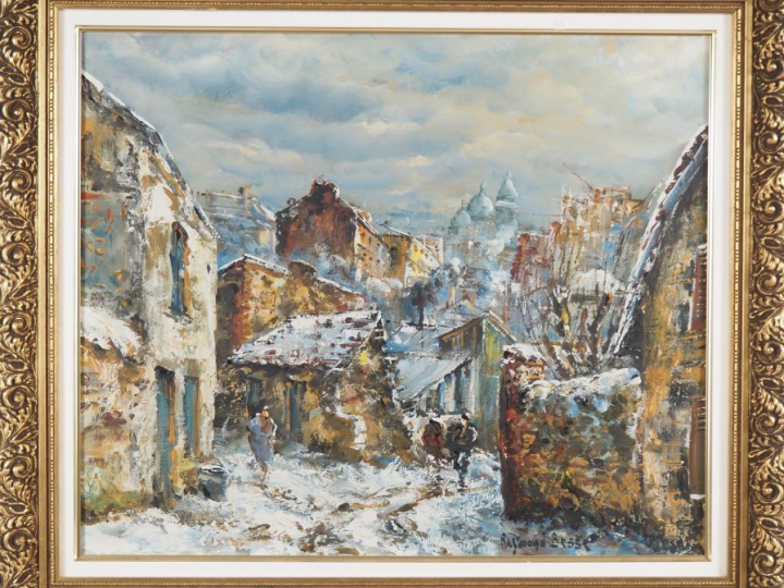 Raymond BESSE.  "Montmartre sous la neige" Huile sur toile Dim. 46 x 5