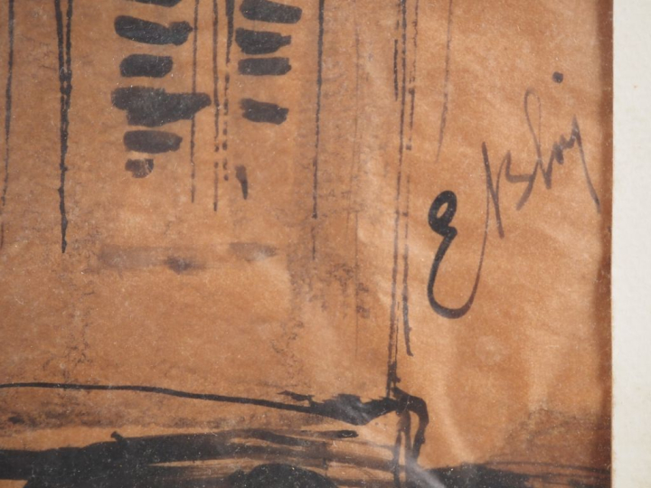 BLIN.  "l'église" Encre sur papier, signée en bas à droite  Dim. À vue