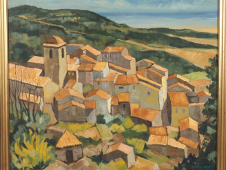 Vente aux enchères J. BOURDARIE. "village du midi" Huile surt toile, signée en bas à droi
