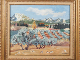 Vente aux enchères Yves BRAYER.  "Champ d'olivier aux Alpilles" Huile sur toile, signée e