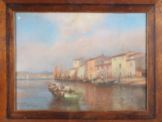 Vente aux enchères Aymé Michel CAILLETEAU.  "pêcheurs devant les Martigues" Pastel, signé