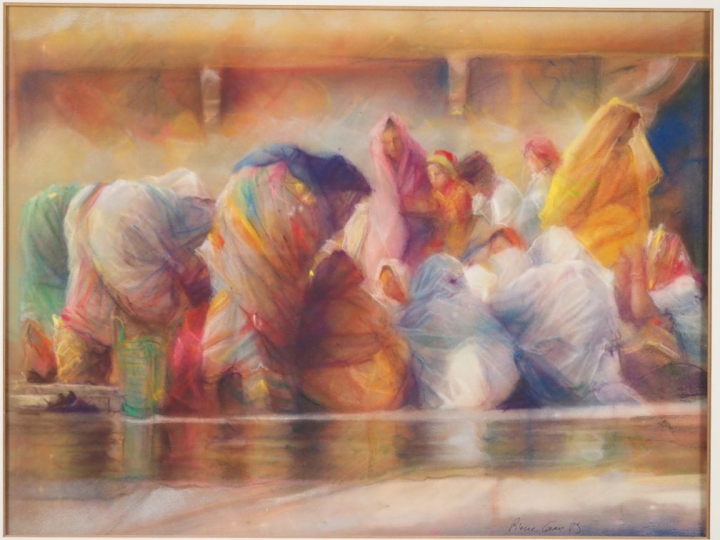 Pierre CARO.  "Lavandières" Pastel, signé en bas à droite  Dim. 36 x 4