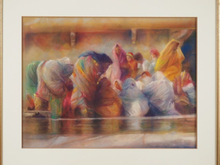 Pierre CARO.  "Lavandières" Pastel, signé en bas à droite  Dim. 36 x 4