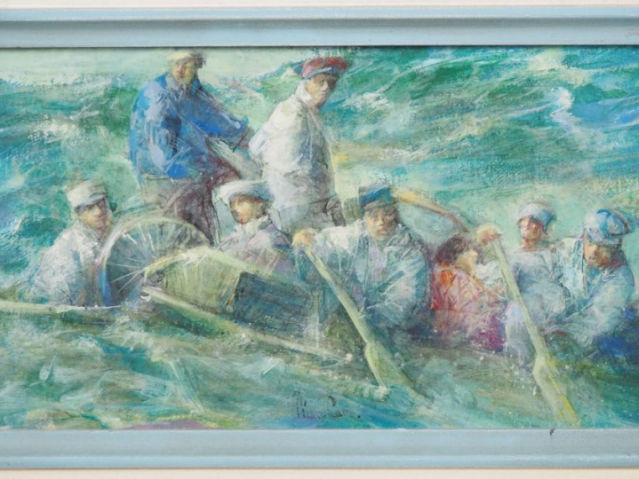 Pierre CARO. "Le radeau" Huile sur panneau, signée. Dim. 16 x 27,5 cm