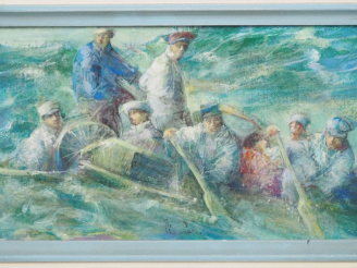 Vente aux enchères Pierre CARO. "Le radeau" Huile sur panneau, signée. Dim. 16 x 27,5 cm