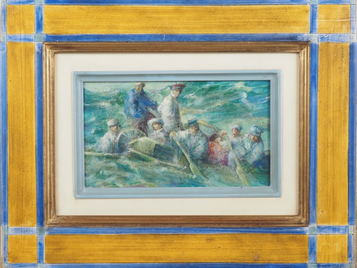 Pierre CARO. "Le radeau" Huile sur panneau, signée. Dim. 16 x 27,5 cm