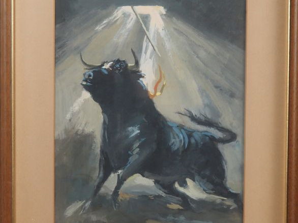 Antonio CASERO.  "Taureau de combat chargeant" Gouache, signée et dédi