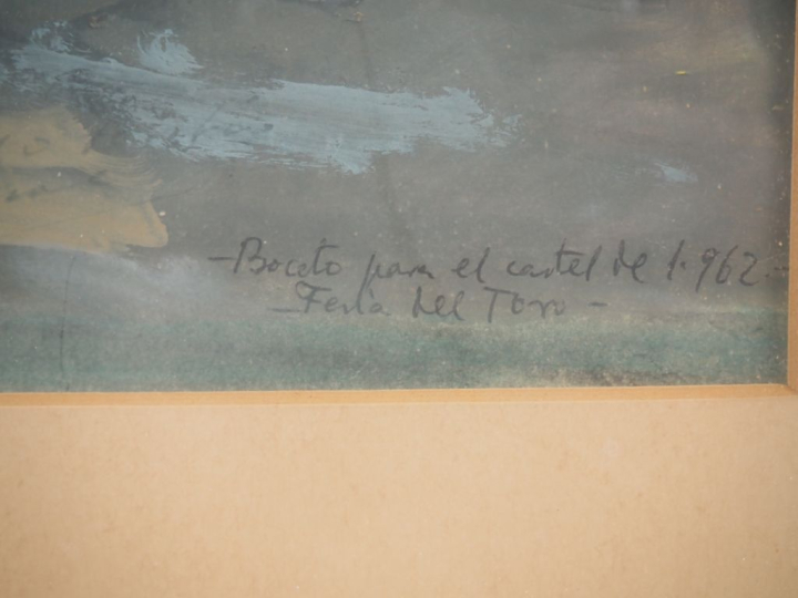 Antonio CASERO.  "Taureau de combat chargeant" Gouache, signée et dédi