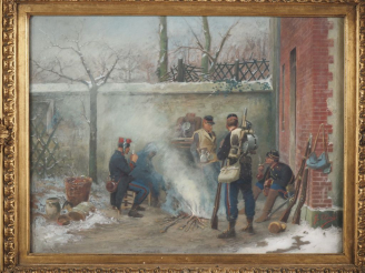 Vente aux enchères G. CLARIS.  "Les soldats à la gamelle" Gouache, signée en bas à droite