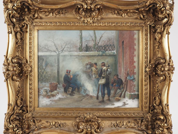 G. CLARIS.  "Les soldats à la gamelle" Gouache, signée en bas à droite