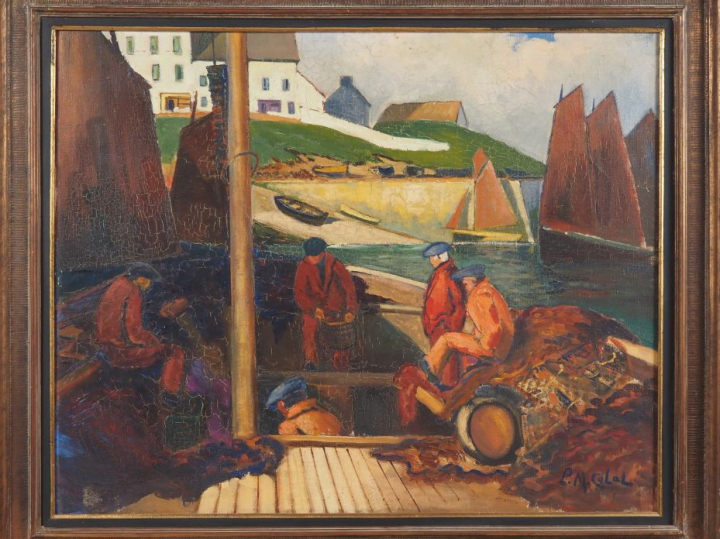 PM. CALAL.  "pêcheurs dans un port breton" Huile sur toile, signée en 