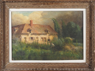 Vente aux enchères CAUCAUNIER.  "paysan devant sa ferme" Huile sur toile, signée en bas à